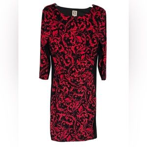 Anne Klein Red and Black Knee Length 3/4 Sleeves Dress Size 8